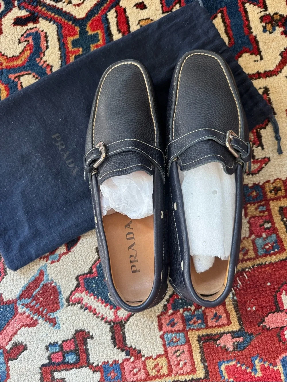 Prada Navy Blue Leather Buckle Loafers